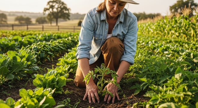 Woman farmer planting vegetables in fertile field. Sustainable agriculture, organic gardening, rural food production, and hands-on farming concept in natural sunlight.