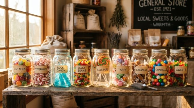 Glass jars filled with colorful assorted sweets and retro labels in vintage candy store