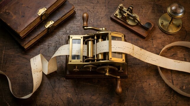 Vintage Brass Telegraph Ticker Tape Machine with Morse Code Paper on Wooden Desk