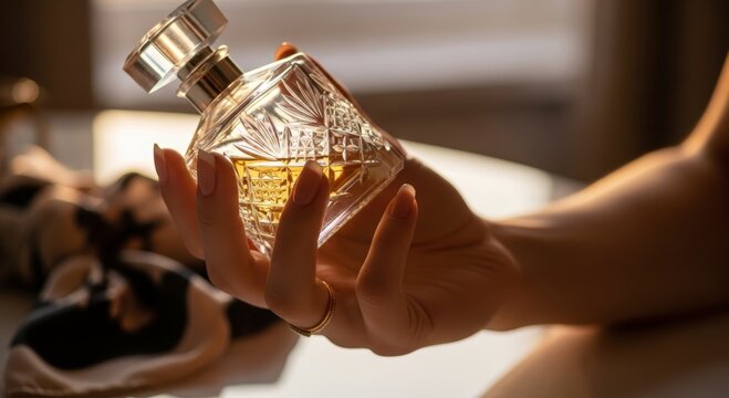 Woman holding a crystal perfume bottle with golden fragrance. Luxury beauty and personal care concept with elegant feminine lifestyle and glamour.