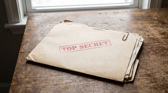 Stack of vintage manila folders with "TOP SECRET" red stamp, on a rustic wooden table, symbolizing confidentiality, mystery, and intrigue