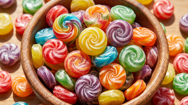 A wooden bowl filled with colorful, swirled hard candies and assorted sweet treats, symbolizing joy, celebration, and childhood.