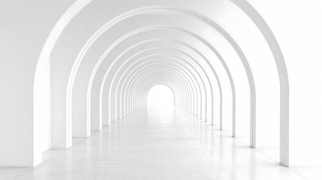 Infinite white arched corridor with bright light at the end, creating a serene and minimalist architectural perspective.