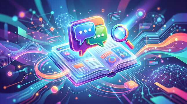 Digital abstract art showcasing an open book with speech bubbles, a magnifying glass, and glowing network lines, symbolizing knowledge and communication technology