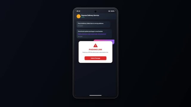 Express Delivery Service Parcel Phishing Message Animation, Mobile Malicious Link Warning UI, Scam Detection Concept 4K