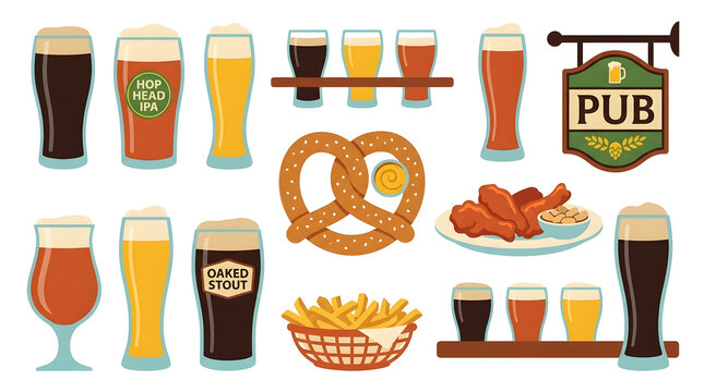 A Collection of Beer and Pub Snacks: A vibrant assortment of beer glasses filled with various ales and stouts, accompanied by classic pub fare like pretzels, fries, and chicken wings.