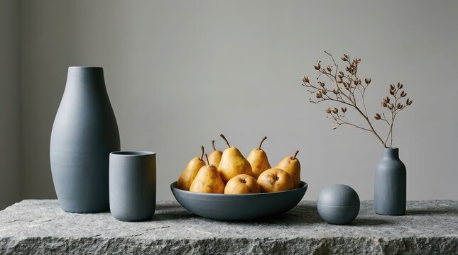 Still life composition featuring a bowl of fresh yellow pears with modern grey ceramic vases on a stone table