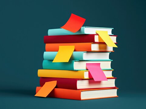 A stack of vibrant textbooks with sticky notes, symbolizing knowledge sharing and academic focus. Space for text.