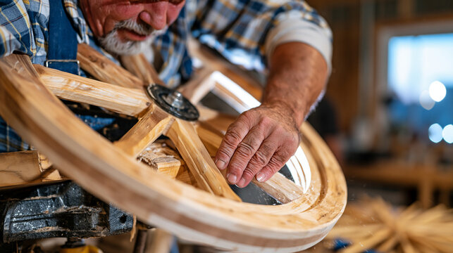 An elderly wheelwright hand shaping a wooden wheel rim in a twilight workshop, blue hour filtering through warped glass panes onto scattered spoke blanks, skills gap visible in an empty apprentice b