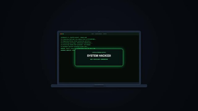 Command Line Terminal Screen Executing Exploit Script Code Leading to Neon Green System Hacked root Privilege Compromised Alert Window, 4K Animation