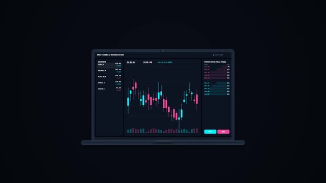 Laptop Display Trading Workstation Candlestick Stock Chart Motion Graphics