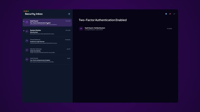 Security Inbox Interface Animation Showing Two Factor Authentication Status and Notification Details Panel