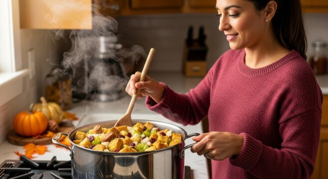 Woman stirring steaming homemade stuffing in a large pot in a cozy kitchen. Traditional Thanksgiving cooking, seasonal harvest meal preparation, family celebration and comfort food concept.