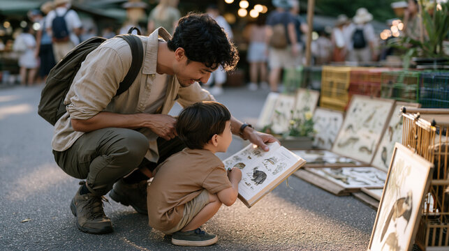 A young child crouches in a vibrant outdoor animal market peering up at a zoologist sketching wildlife specimens, colorful cages and botanical displays surrounding them, the