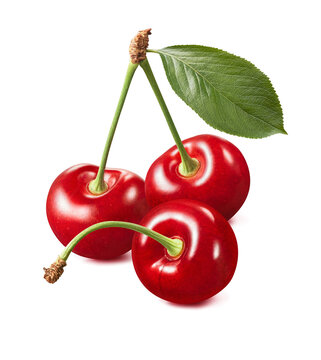Three red cherries, one fallen isolated on white background. Real photography.