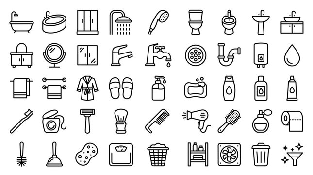 Bathroom and Personal Care Linear Icon Collection with Fixtures, Toiletries, Shower Accessories, Plumbing, Hygiene, Storage, and Cleaning
