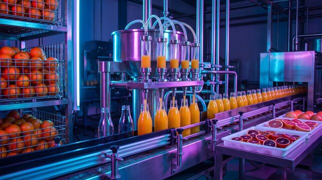 Orange juice bottling process with fresh citrus fruit in a vibrant, neon-lit factory setting.