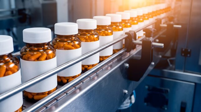 Orange medical pills in brown glass bottles moving on conveyor belt inside automated factory facility.