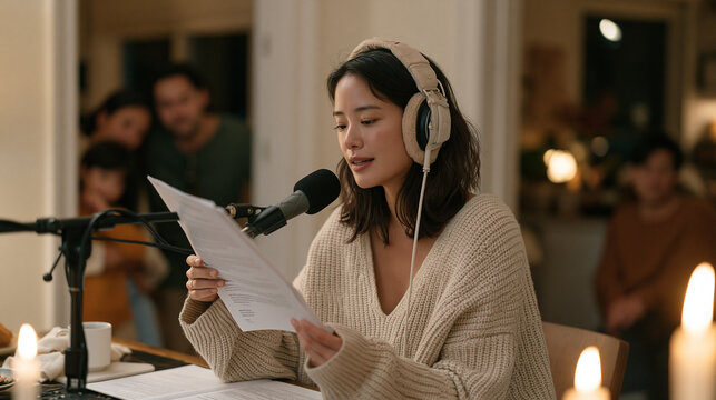 Voice actor recording in a candlelit home studio, warm family unit gathered quietly in the doorway watching her perform, she holds a script describing lunar water ice discovery
