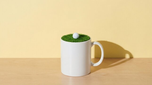 Minimalist surreal concept of golf ball on green grass inside white coffee mug