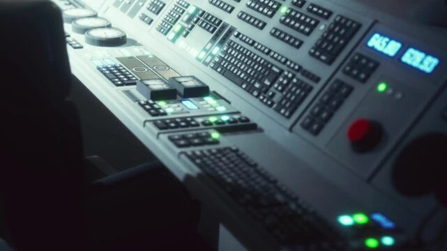 A person works with a control panel filled with buttons and gauges. The room is dimly lit, creating a focused environment for the tasks at hand. Various lights indicate different statuses.