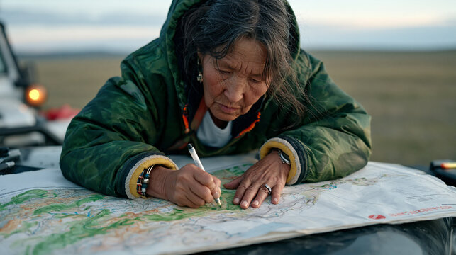 Elderly Mongolian cartographer tracing topographic contour lines on a large paper map spread across the hood of a vehicle in an empty desolate highland steppe, the vast treeless landscape rolling to