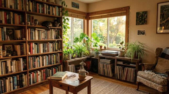 Cozy home library interior with large bookshelf sleeping cat plants window and steaming mug