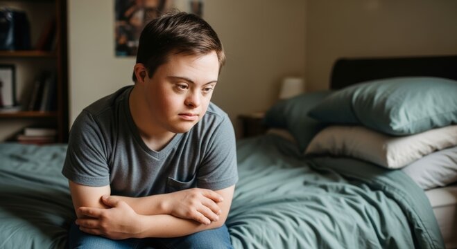 Young man with Down syndrome sitting sadly on a bed at home, conveying loneliness, emotional distress, mental health awareness, and need for compassionate support