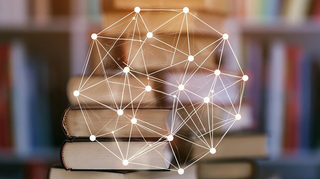 Stack of books with a digital network overlay, symbolizing lifelong learning and educational connections. Modern educational concept illustration.
