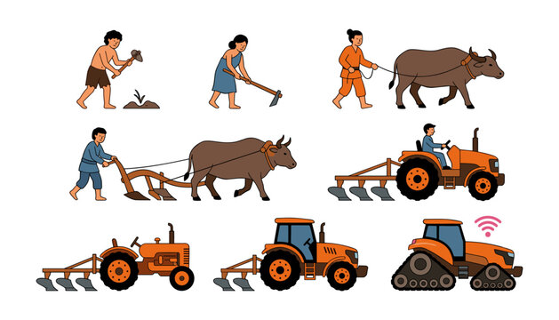 Evolution of farming vector illustration set showing agriculture progress from ancient primitive stone tools ox plowing to modern smart automated tractor technology