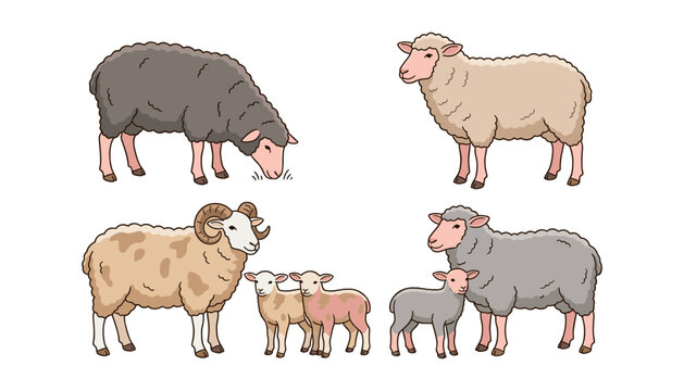 Sheep and lamb vector illustration bundle featuring domestic ram with curled horns ewe grazing and small baby lambs isolated on white background
