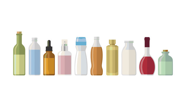 Vector template set of realistic cosmetic glass bottles, plastic containers, dropper vials, and jars for skincare packaging mockup designs.