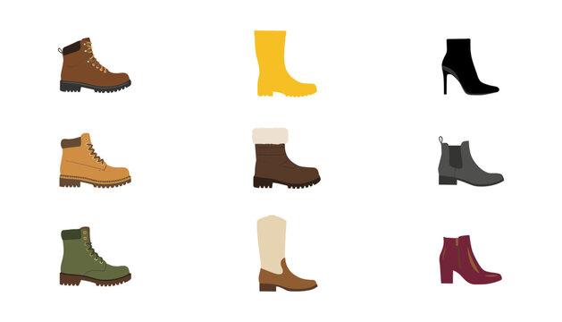  Boots vector illustration collection featuring winter footwear, combat boots, rain boots, high heels, ankle boots, cowboy boots, and leather shoes icons isolated on white