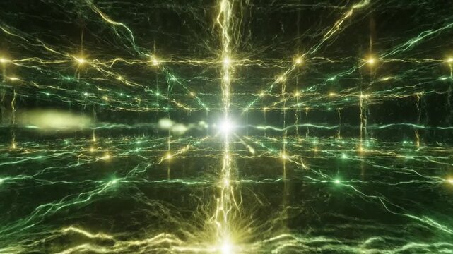 Glowing Green And Gold Energy Grid Lines In A Dark Abstract Space
