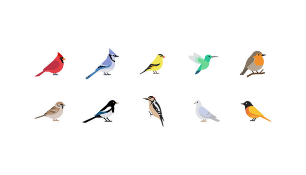 Bird vector illustration collection featuring cardinal, blue jay, goldfinch, hummingbird, robin, sparrow, magpie, woodpecker, pigeon, and oriole icons isolated on white background