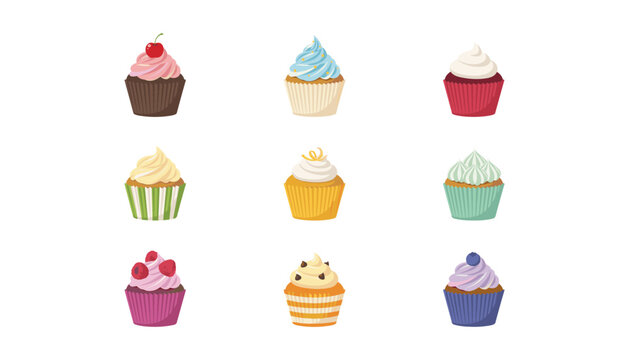 Cupcake vector illustration collection featuring sweet muffins with colorful frosting, cream topping, cherry, berries, and chocolate chips isolated on white backgroun