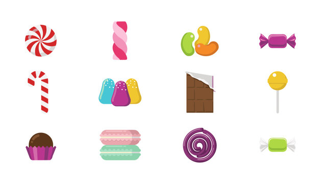 Candy vector illustration collection featuring peppermint, marshmallow twist, jelly beans, lollipop, chocolate bar, macaron, candy cane, and sweet confectionery icons isolated on white background