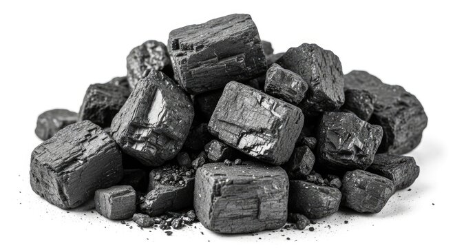 A pile of dark, angular coal pieces rests on a white surface. The coal exhibits a rough, textured appearance with varying shades of gray and black.