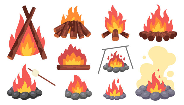 Vector set of burning campfires and bonfires with wooden logs for outdoor camping, hiking adventures, forest picnics, and cozy winter night celebrations.