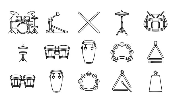Drums and Percussion Musical Instruments Line Icon Set for Music Concert Band Vector Designs