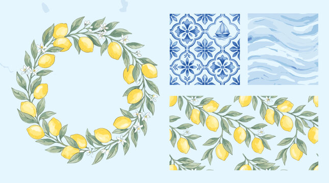 Summer. Lemons. Amalfi. Vector illustration of summer lemon, blue pattern, postage stamp and Italian Mediterranean striped invitation for poster, background, print or card