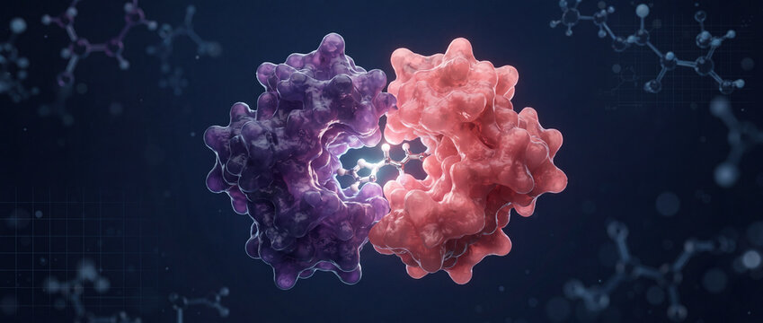 Molecular docking of protein complex with ligand in a glowing 3D scientific visualization on dark blue background for pharmaceutical drug discovery and biochemistry research