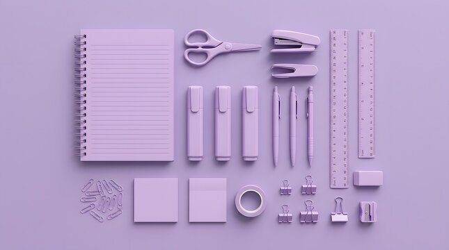 Collection of purple stationery items organized neatly on light violet desk top background.