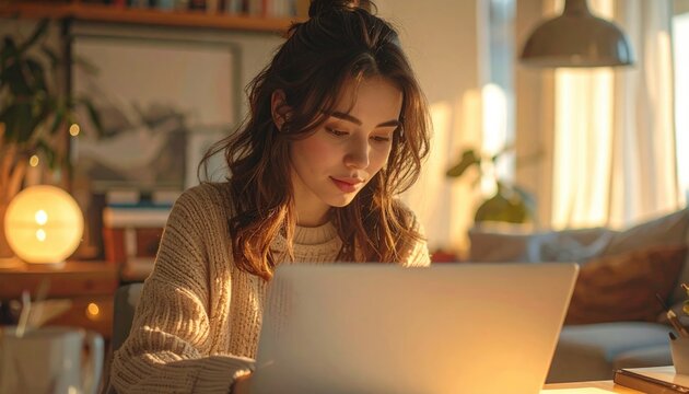 Young professional closing laptop after productive remote workday in cozy apartment