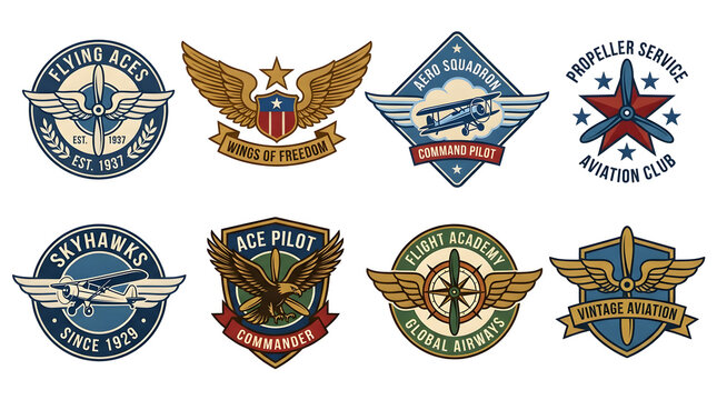 Aviation Emblems Collection: A vibrant assortment of eight distinct aviation-themed emblems, showcasing stylized aircraft, wings, stars, and aviator imagery, representing flight and aeronautics.