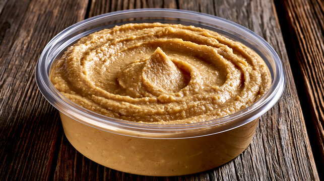 A round plastic container filled with creamy hummus sits on a rustic wooden table. This appetizing food shot represents healthy snacks and mediterranean cuisine.