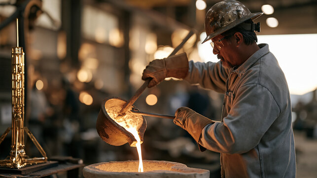 Bronze foundry worker at twilight blue hour, single molten metal ladle held mid pour as a detailed scale model of a space elevator concept sits on a fireproof shelf nearby,