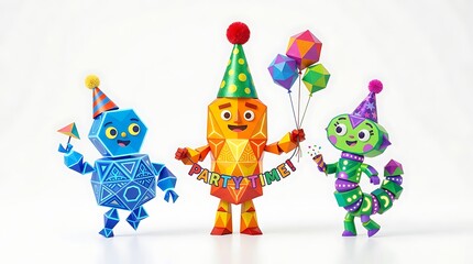 Naklejka premium Three colorful geometric paper craft robots wearing party hats and holding balloons on a white background