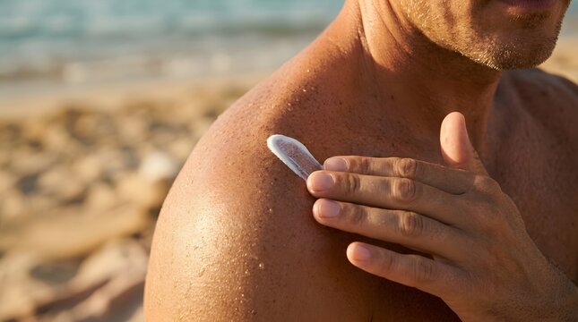 Man applying sunscreen on his shoulder at the beach during a sunny day.