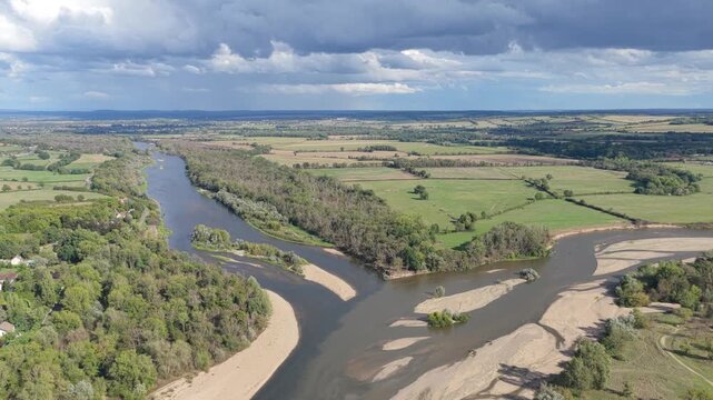 The confluence of the Loire and Allier rivers at Bec d'Allier, France, aerial view.